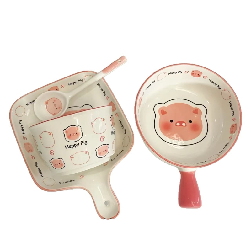 Set ceramic boluri și farfurioare cu model purcel Cartoon, culoare sub glazură, compatibil cu microunde, stil lux ușor