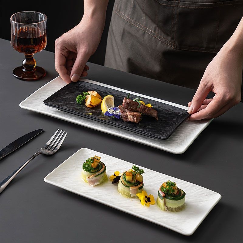 Ovalni keramički tanjur – sushi i steak, jednostavan uzorak, podglazurno završna obrada, moderni minimalistički stil