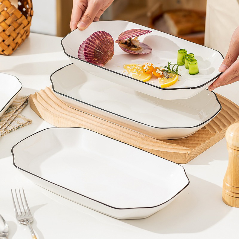 Platou dreptunghiular din porțelan pentru pește, platou plat, suprafață vopsire cu pulverizare, model simplu