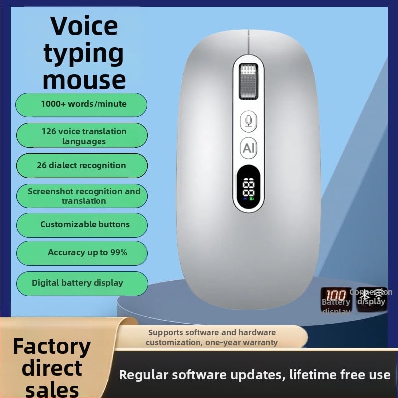 Iflytek AI hangalapú egér, vezeték nélküli Bluetooth, gépelés és fordítás, 2.4G + Bluetooth, 5 gomb, optikai felbontás 4000
