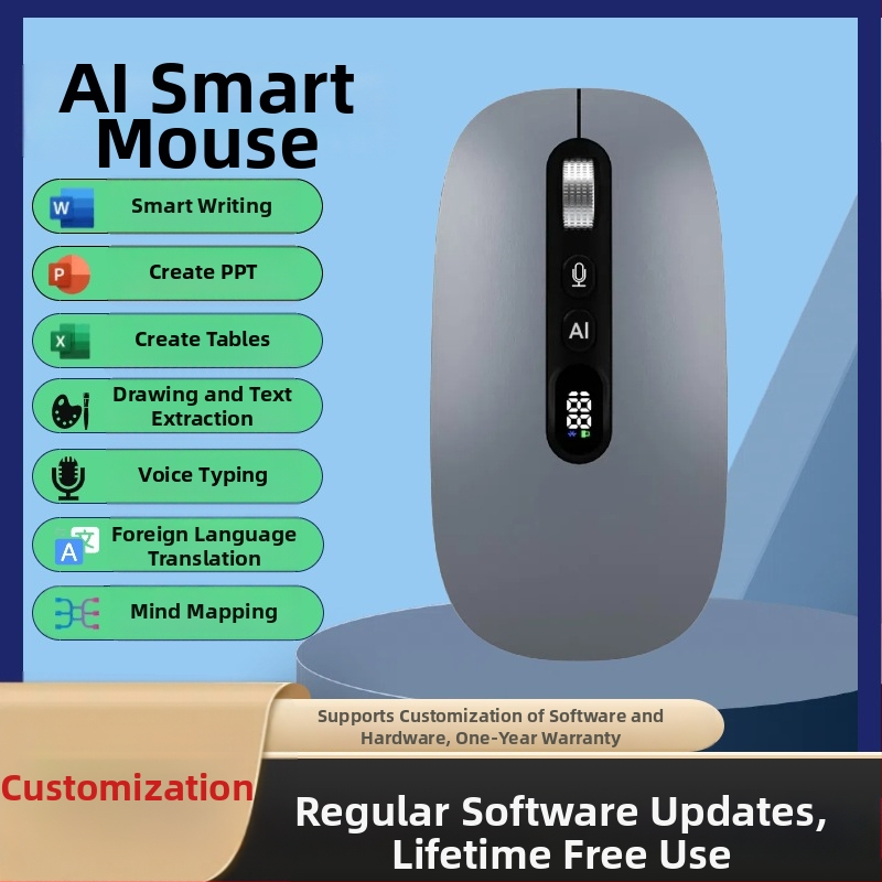 Iflytek AI hangalapú egér, vezeték nélküli Bluetooth, gépelés és fordítás, 2.4G + Bluetooth, 5 gomb, optikai felbontás 4000