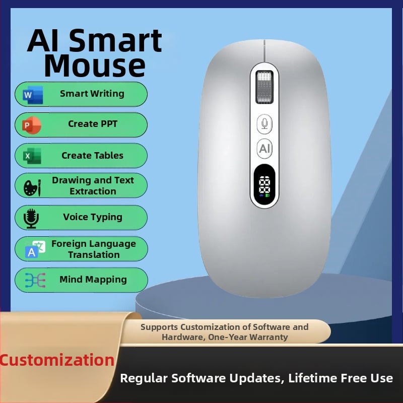 Iflytek AI hangalapú egér, vezeték nélküli Bluetooth, gépelés és fordítás, 2.4G + Bluetooth, 5 gomb, optikai felbontás 4000