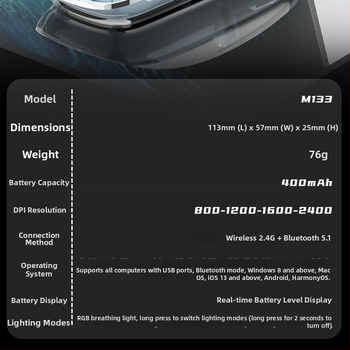 Trīs režīmu bezvadu pele darbam pie datora un klēpjdatora, 1600 DPI, 5 pogas, ergonomisks dizains