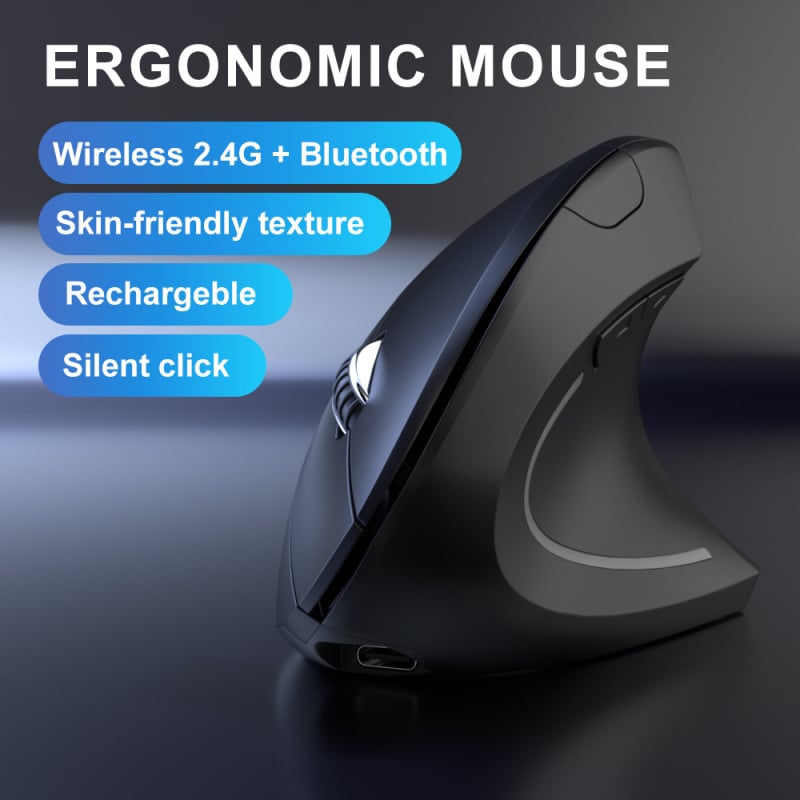 Vertikalni bežični miš za desnu ruku, dvostruki Bluetooth/2,4 GHz, punjiv, 1600 DPI, 6 tipki, USB sučelje