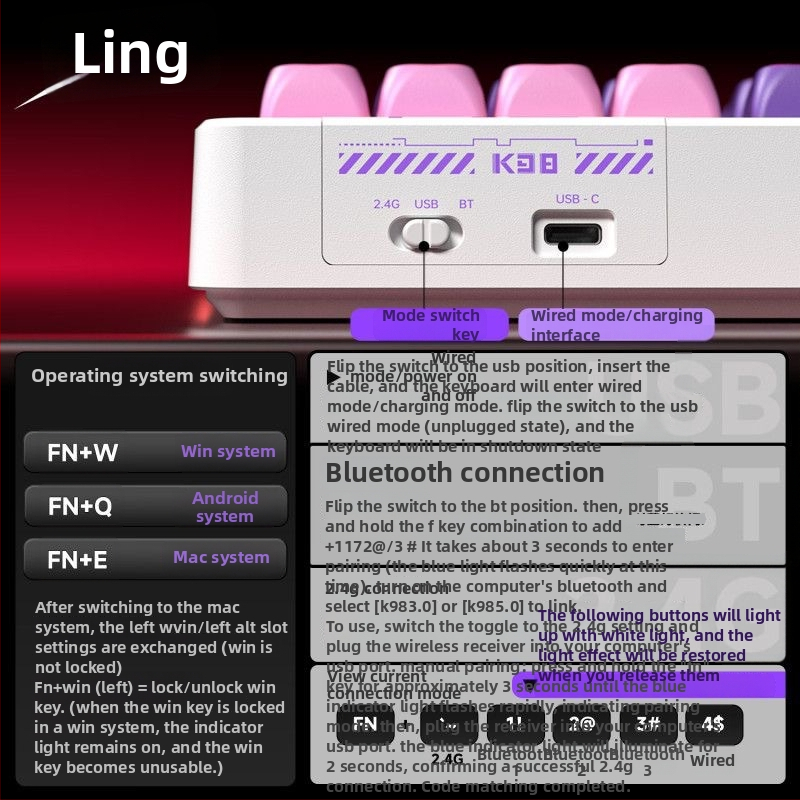 Безжична механична клавиатура с три режима свързване, горещосменяеми превключватели, водоустойчива, RGB подсветка