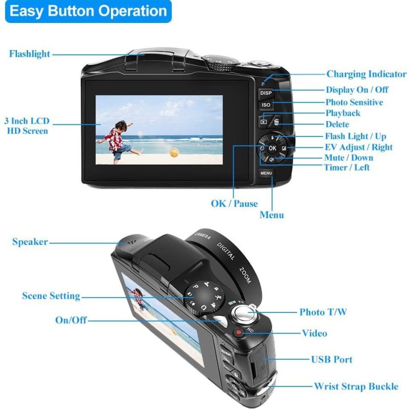 XHX R6S kompaktne digitaalne kaamera – 4K video, 48MP fotod, 3,2-tolline LCD, CMOS sensor, 16x digitaalne zoom