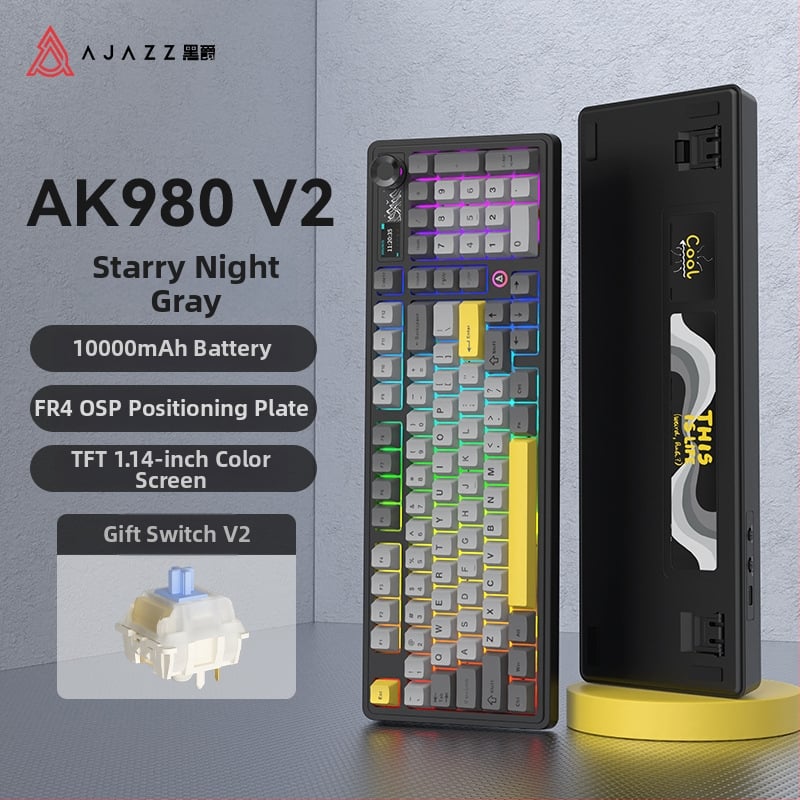 Ak980 V2 механизмална клавиатура, 98 клавиша, три режима на свързване, 10000mAh батерия, свързва се с до 3 устройства