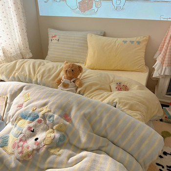 Set de pat din velur de lapte cu broderie, model cartoon, vopsire reactive, 4 piese