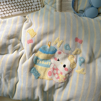 Set de pat din velur de lapte cu broderie, model cartoon, vopsire reactive, 4 piese