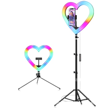 Szív alakú RGB töltőfény asztali tripoddal – LED lámpa szelfihez és élő közvetítéshez, 10W–48W, 5V2A, modellek 1202P, 1802, skálázható, függőleges használat