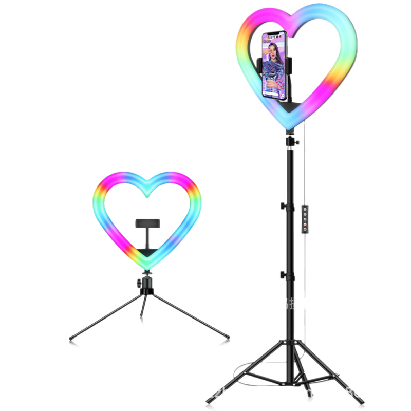 Szív alakú RGB töltőfény asztali tripoddal – LED lámpa szelfihez és élő közvetítéshez, 10W–48W, 5V2A, modellek 1202P, 1802, skálázható, függőleges használat