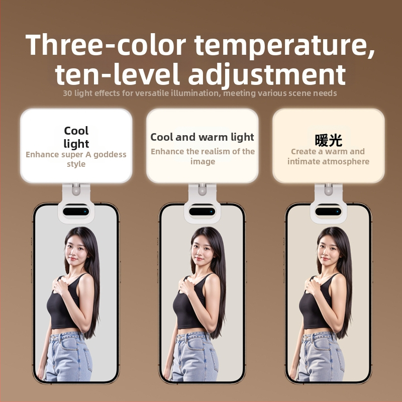Lumină mică clip-on pentru telefoane mobile, 4W, 5V, temperatură de culoare reglabilă 2500K–9900K, trei temperaturi, pentru streaming, fotografie în aer liber