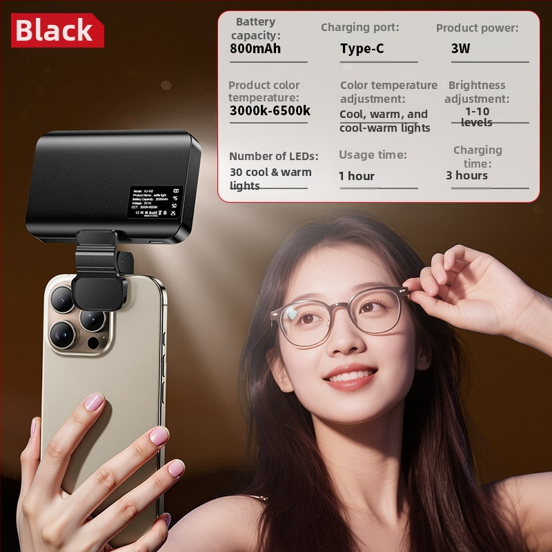 Lumină mică clip-on pentru telefoane mobile, 4W, 5V, temperatură de culoare reglabilă 2500K–9900K, trei temperaturi, pentru streaming, fotografie în aer liber