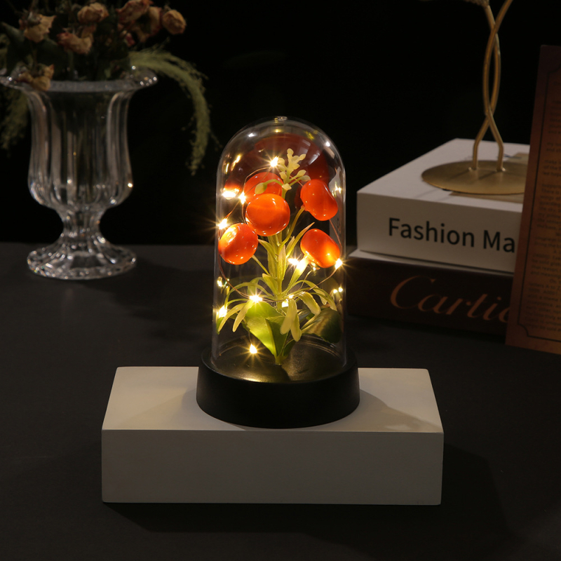 Нощна лампа със стъклен капак и вечни цветя, декоративна вътрешна цветна композиция Gerbera, марка First Butterfly