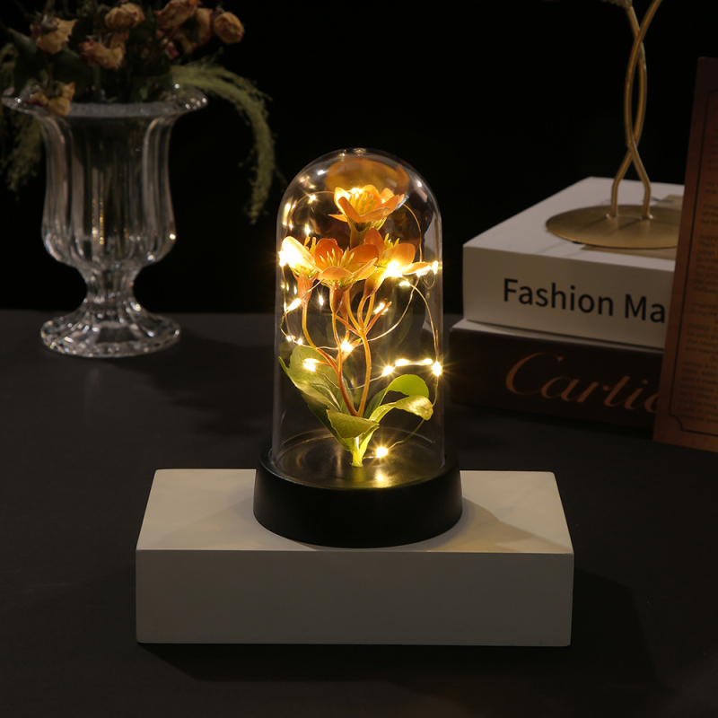 Нощна лампа със стъклен капак и вечни цветя, декоративна вътрешна цветна композиция Gerbera, марка First Butterfly