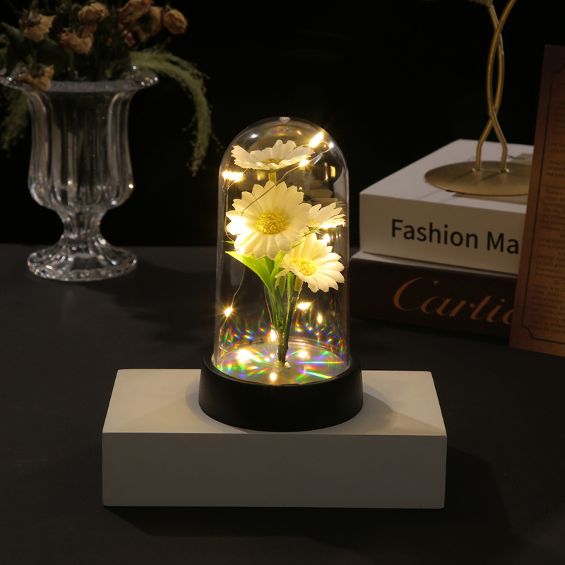 Нощна лампа със стъклен капак и вечни цветя, декоративна вътрешна цветна композиция Gerbera, марка First Butterfly