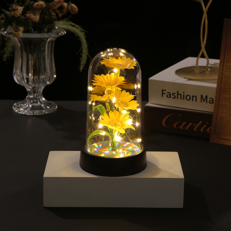 Нощна лампа със стъклен капак и вечни цветя, декоративна вътрешна цветна композиция Gerbera, марка First Butterfly