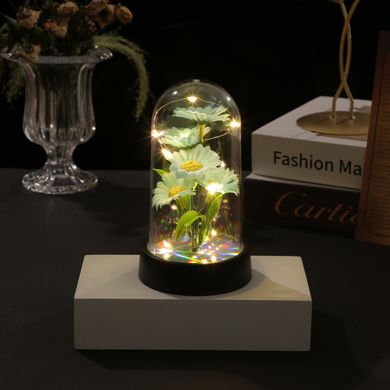 Нощна лампа със стъклен капак и вечни цветя, декоративна вътрешна цветна композиция Gerbera, марка First Butterfly