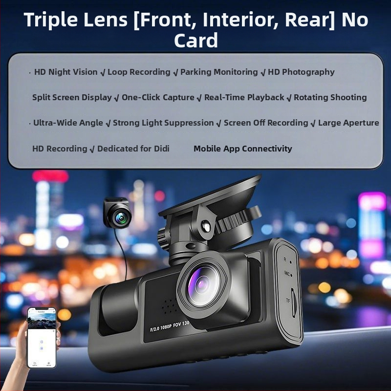 Camera de bord cu trei camere, înregistrare panoramică 360°, viziune nocturnă infraroșu, video 1080p, stocare 256GB