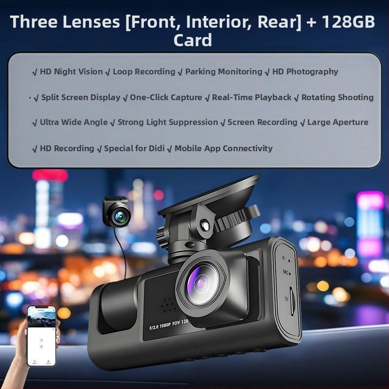 Camera de bord cu trei camere, înregistrare panoramică 360°, viziune nocturnă infraroșu, video 1080p, stocare 256GB