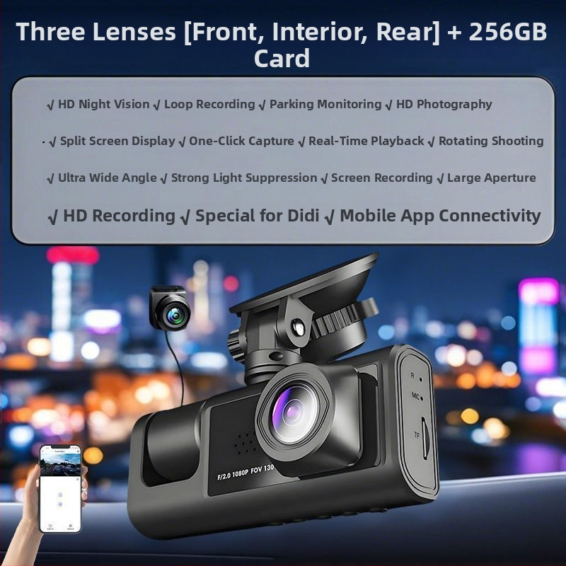 Camera de bord cu trei camere, înregistrare panoramică 360°, viziune nocturnă infraroșu, video 1080p, stocare 256GB