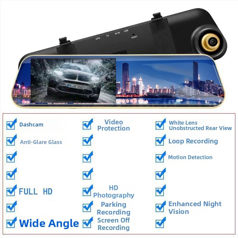 Dash cam auto 2160p cu vedere nocturnă, 360° obiectiv dual față-spate, imagine panoramică de mers înapoi, detector radar