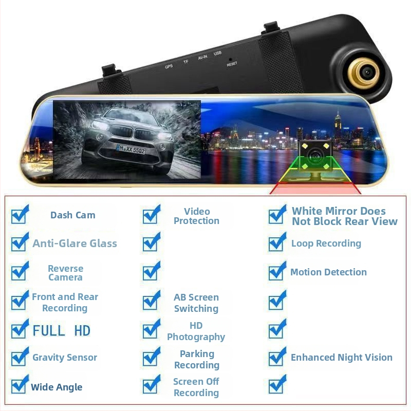 Dash cam auto 2160p cu vedere nocturnă, 360° obiectiv dual față-spate, imagine panoramică de mers înapoi, detector radar