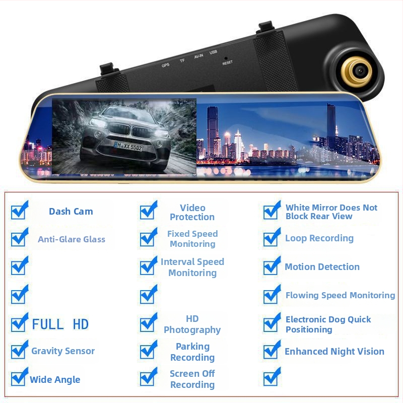 Dash cam auto 2160p cu vedere nocturnă, 360° obiectiv dual față-spate, imagine panoramică de mers înapoi, detector radar