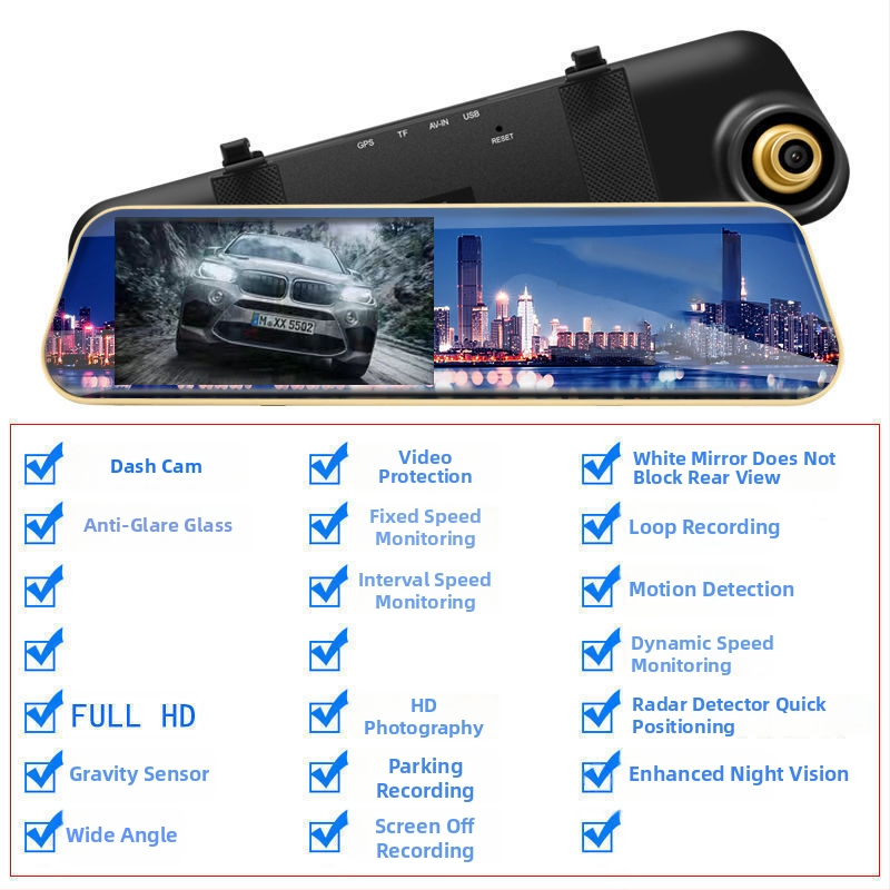 Dash cam auto 2160p cu vedere nocturnă, 360° obiectiv dual față-spate, imagine panoramică de mers înapoi, detector radar