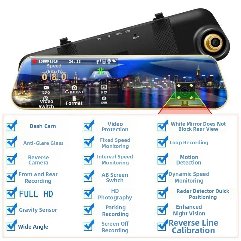 Dash cam auto 2160p cu vedere nocturnă, 360° obiectiv dual față-spate, imagine panoramică de mers înapoi, detector radar