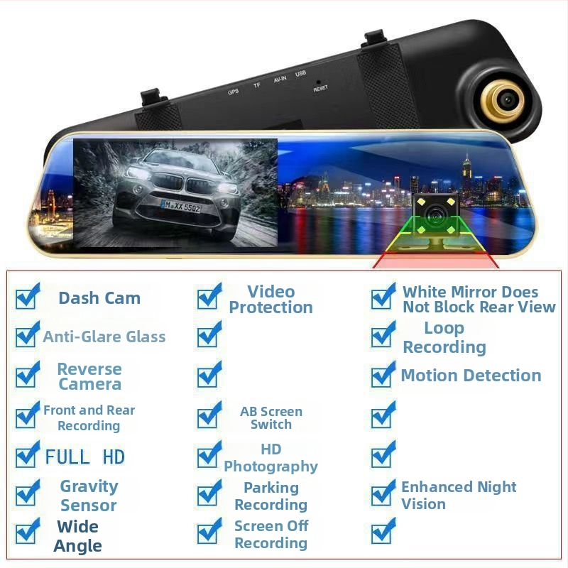 Dash cam auto 2160p cu vedere nocturnă, 360° obiectiv dual față-spate, imagine panoramică de mers înapoi, detector radar