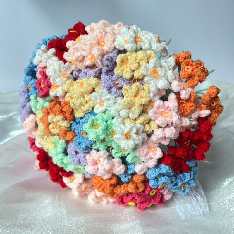 Nezábudka z vlny — ručne pletený kvet na vetvičke, pre kancelárie a domov, rekvizita na fotografiu