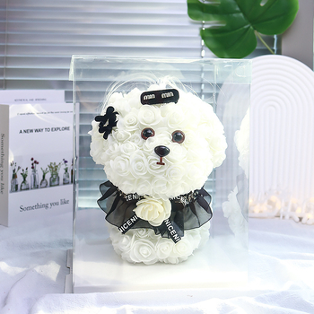 Плюшено кученце Бишон Малтезе с безсмъртно цвете – розова тема; подарък за двойки, приятели, деца и съученици; фестивален подарък за сватби, рождени дни и дипломиране