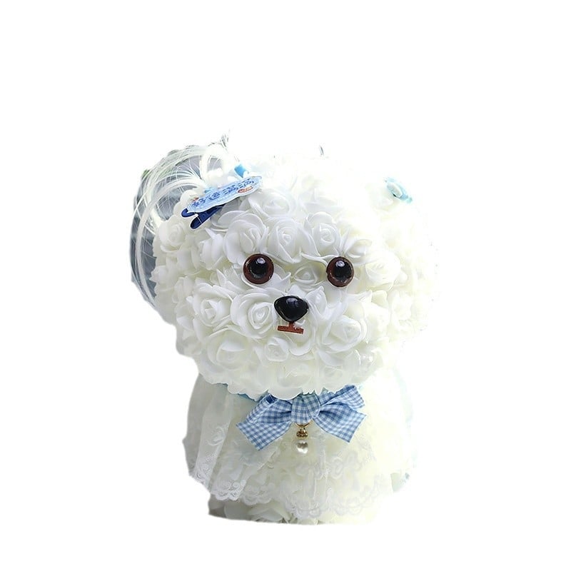 Плюшено кученце Бишон Малтезе с безсмъртно цвете – розова тема; подарък за двойки, приятели, деца и съученици; фестивален подарък за сватби, рождени дни и дипломиране