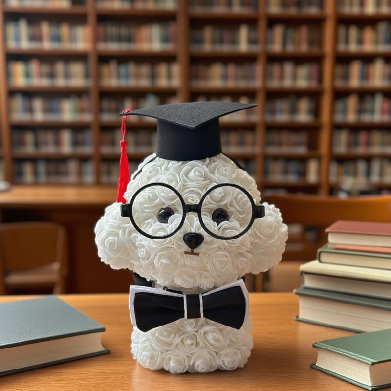 Плюшено кученце Бишон Малтезе с безсмъртно цвете – розова тема; подарък за двойки, приятели, деца и съученици; фестивален подарък за сватби, рождени дни и дипломиране