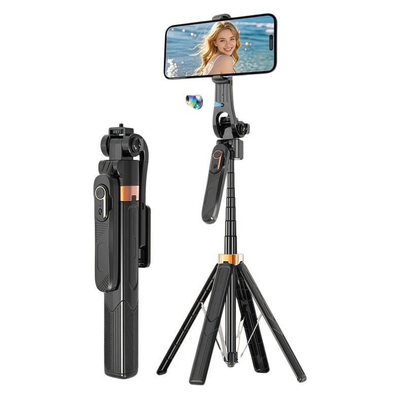 Selfie tyč s AI rozpoznávaním tváre, proti vibráciám stabilizácia, vysúvací štvornožný statív, inteligentný gimbal s automatickým sledovaním a vstavaným svetlom