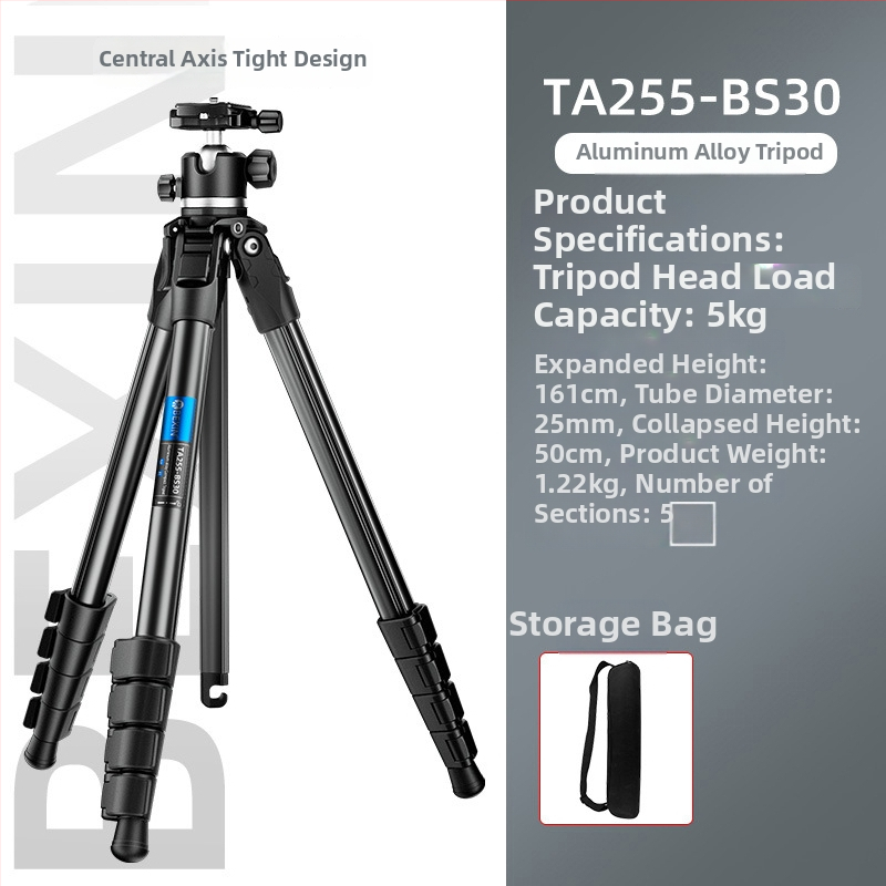 Aliuminio lydinio trikojis stovas su kamuoline galva, 5 sekcijos, apkrova 5 kg, greito atleidimo plokštė, suderinamas su be veidrodžio ir DSLR kameromis