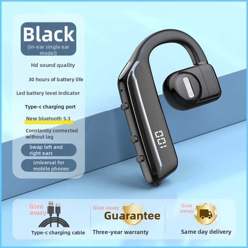 Bezdrôtová Bluetooth slúchadla na jedno ucho s háčikom pre vodičov, BT 2.0, výdrž batérie 0–4 h, športový štýl, každodenná vodeodolnosť.
