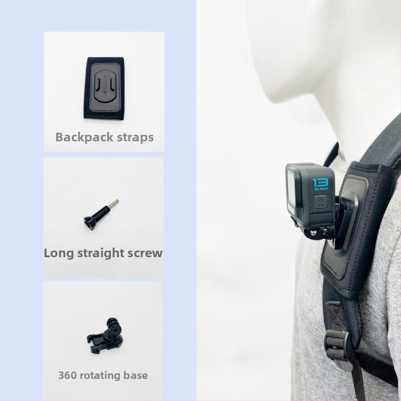 GoPro13 naramenica za ruksak s dodatkom za akcijsku kameru – univerzalna kompatibilnost, plastični materijal, uključuje vijak i rotirajuću bazu, tiskani logotip