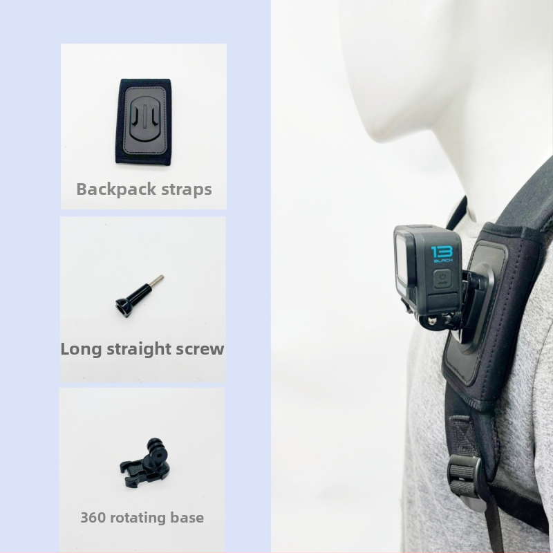 GoPro13 naramenica za ruksak s dodatkom za akcijsku kameru – univerzalna kompatibilnost, plastični materijal, uključuje vijak i rotirajuću bazu, tiskani logotip