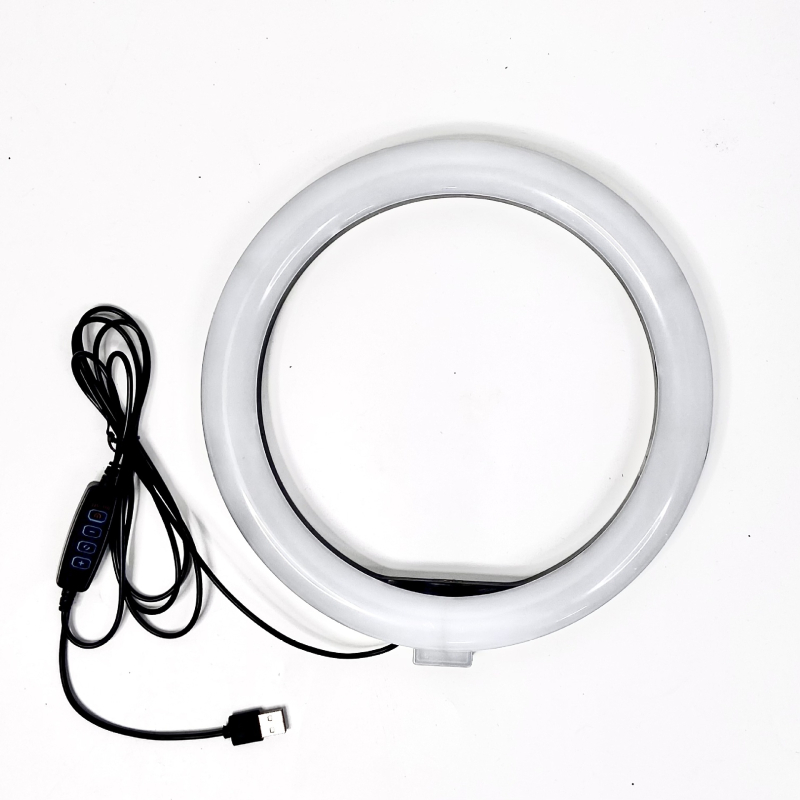 Lampa circulară portabilă pentru frumusețe, machiaj și streaming live, temperatură de culoare duală 2700–5600K, 10W, USB 5V, reglaj luminozitate, clip pentru telefon inclus