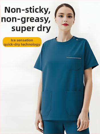 Set scrubs medical unisex — top cu mânecă scurtă și pantaloni, rezistent la ulei și decontaminare, amestec poliester-elastan, guler rotund, pentru toate anotimpurile