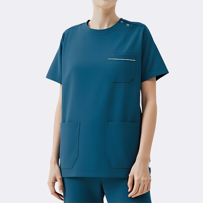Set scrubs medical unisex — top cu mânecă scurtă și pantaloni, rezistent la ulei și decontaminare, amestec poliester-elastan, guler rotund, pentru toate anotimpurile