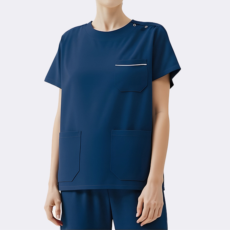 Set scrubs medical unisex — top cu mânecă scurtă și pantaloni, rezistent la ulei și decontaminare, amestec poliester-elastan, guler rotund, pentru toate anotimpurile