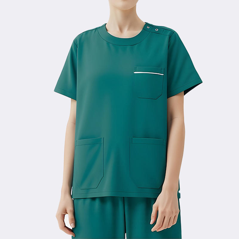 Set scrubs medical unisex — top cu mânecă scurtă și pantaloni, rezistent la ulei și decontaminare, amestec poliester-elastan, guler rotund, pentru toate anotimpurile