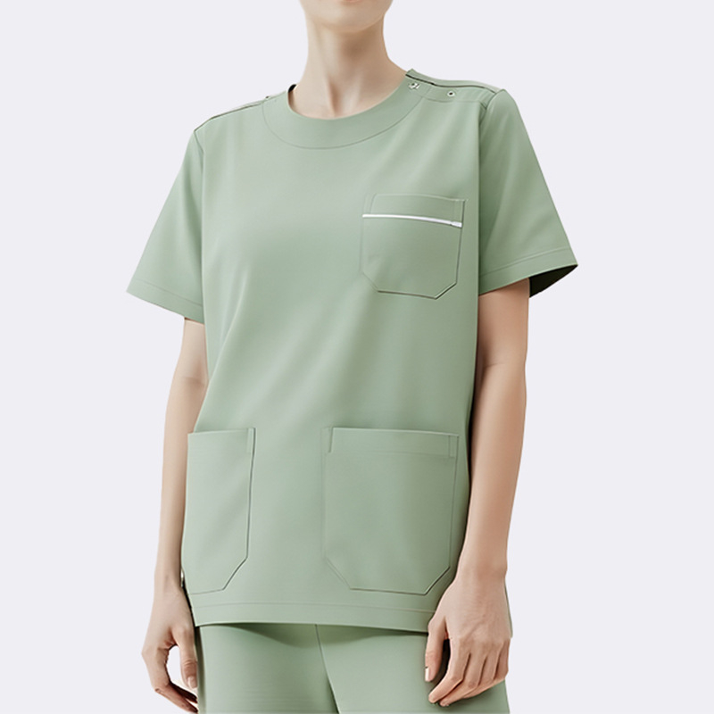 Set scrubs medical unisex — top cu mânecă scurtă și pantaloni, rezistent la ulei și decontaminare, amestec poliester-elastan, guler rotund, pentru toate anotimpurile