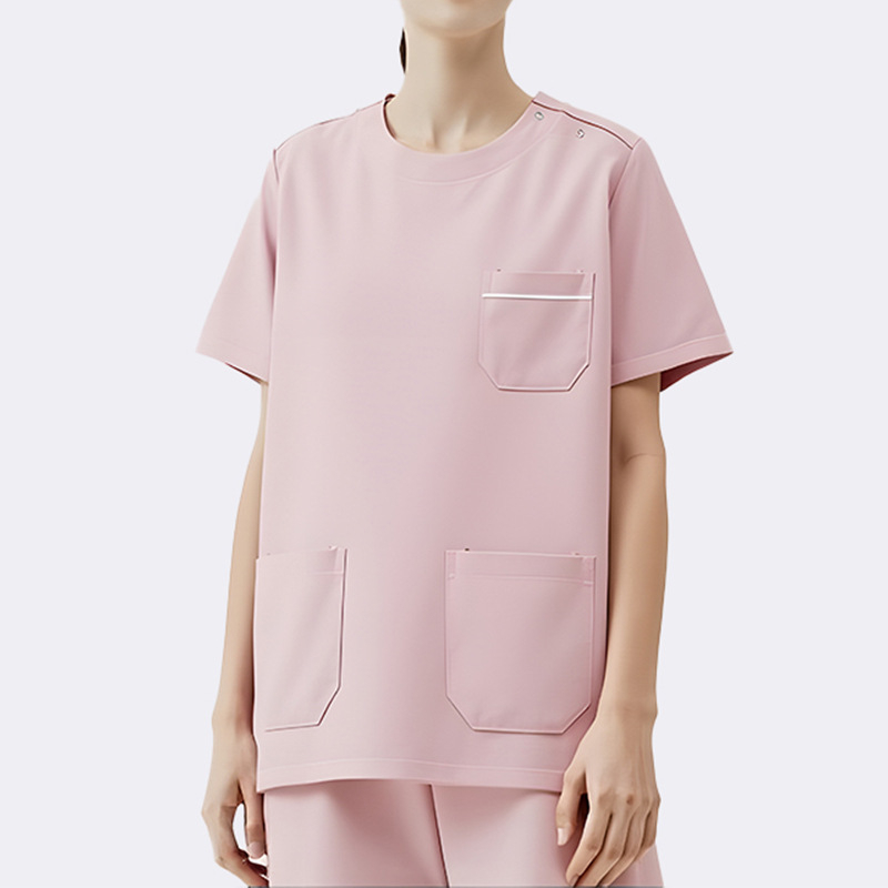 Set scrubs medical unisex — top cu mânecă scurtă și pantaloni, rezistent la ulei și decontaminare, amestec poliester-elastan, guler rotund, pentru toate anotimpurile