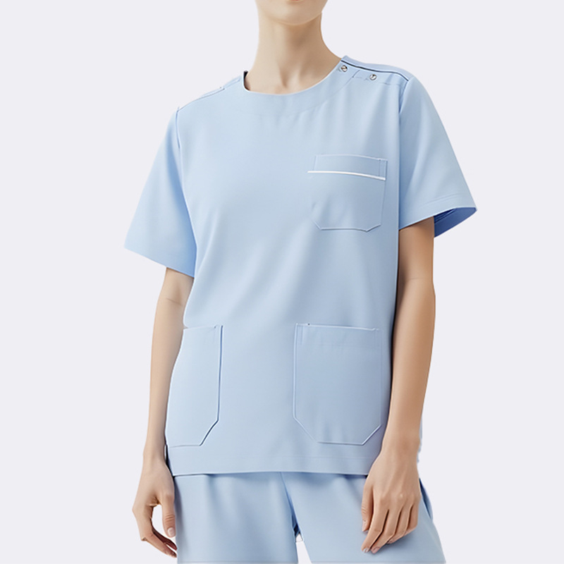 Set scrubs medical unisex — top cu mânecă scurtă și pantaloni, rezistent la ulei și decontaminare, amestec poliester-elastan, guler rotund, pentru toate anotimpurile