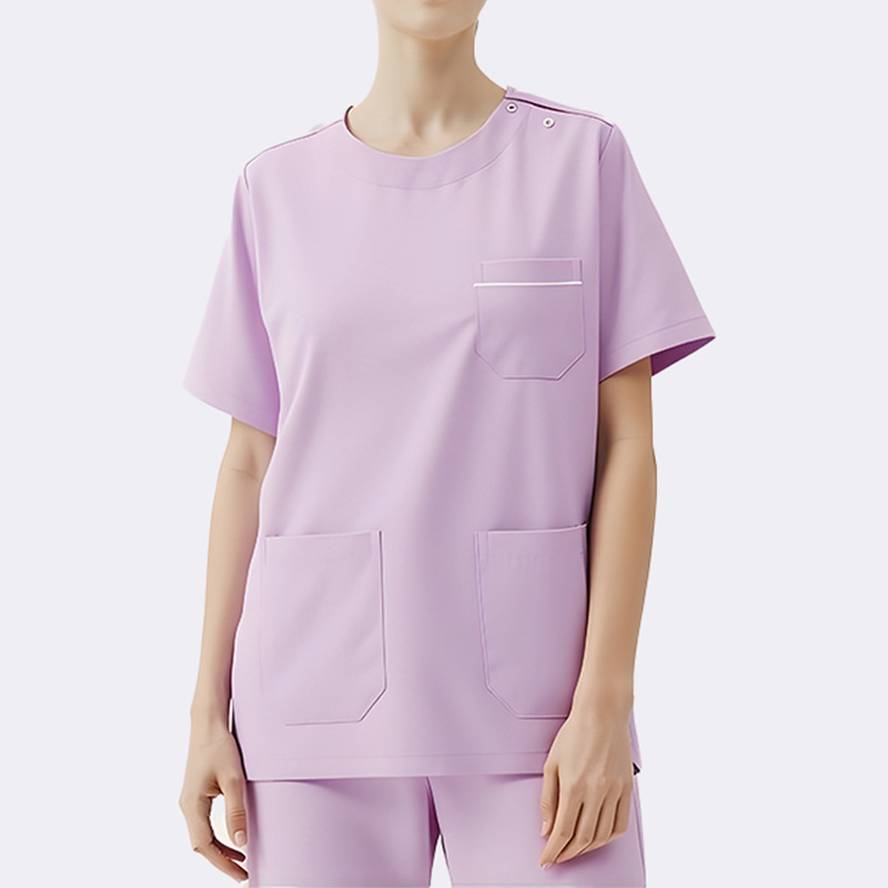 Set scrubs medical unisex — top cu mânecă scurtă și pantaloni, rezistent la ulei și decontaminare, amestec poliester-elastan, guler rotund, pentru toate anotimpurile