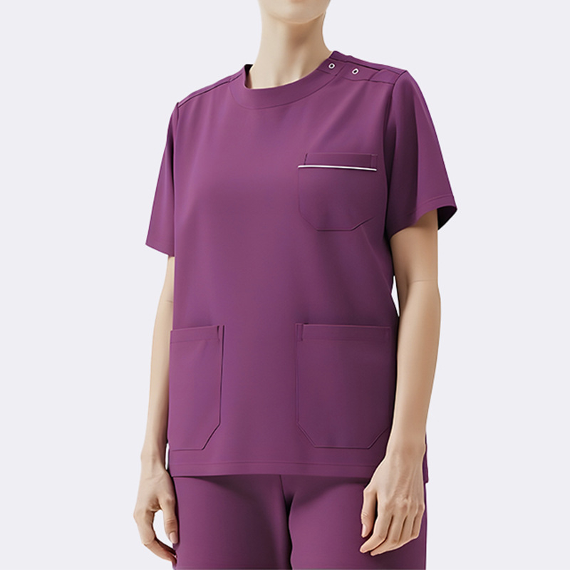 Set scrubs medical unisex — top cu mânecă scurtă și pantaloni, rezistent la ulei și decontaminare, amestec poliester-elastan, guler rotund, pentru toate anotimpurile